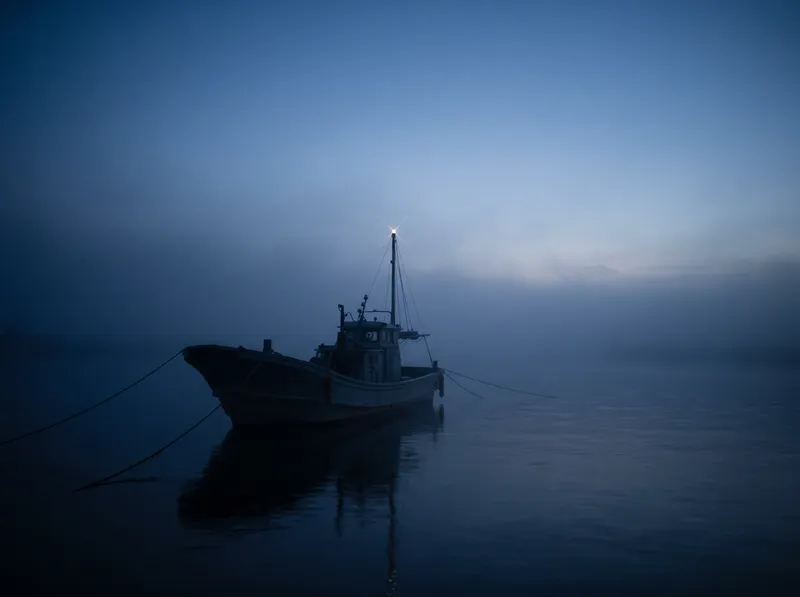 Moored Fishing Boat in Winter Predawn Sea Fog — AI-generated photograph