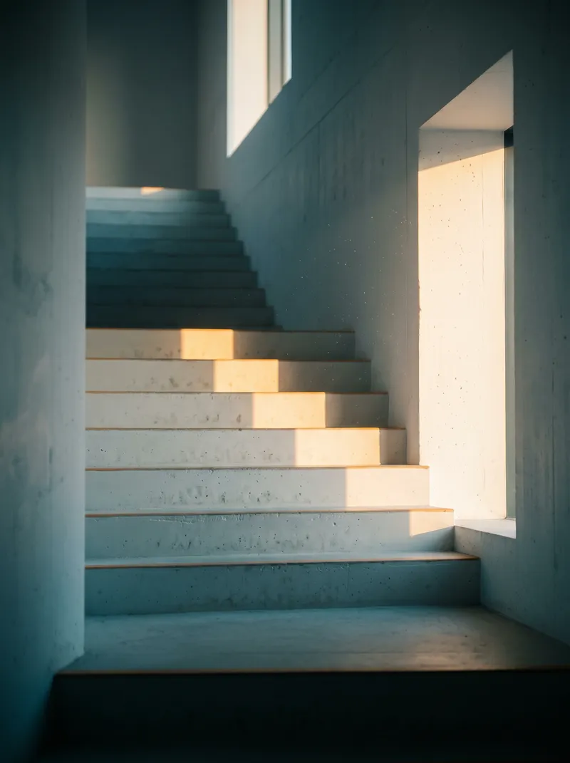 Amber Sunbeam and Dust in a Concrete Stairwell — AI-generated photograph