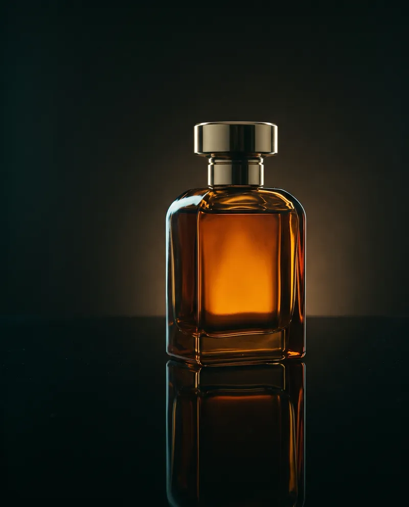Amber Glass Perfume Bottle in Darkness — AI-generated photograph