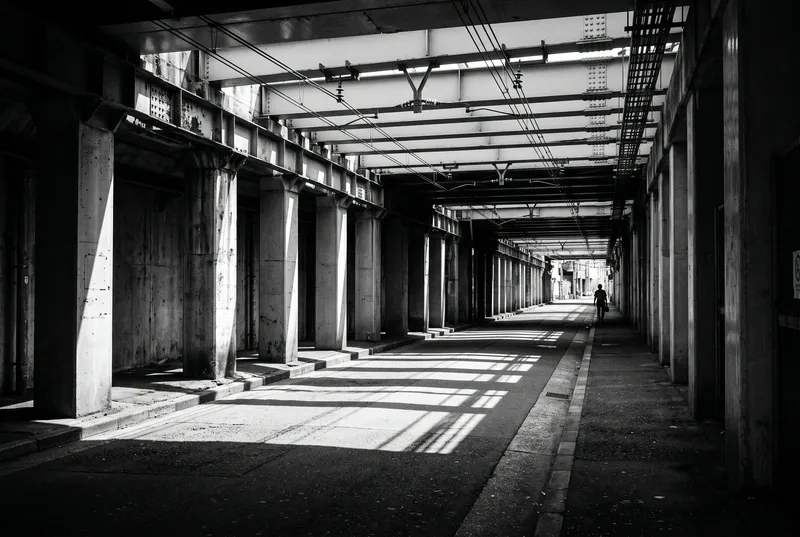 Striped Shadows under a Railway Viaduct — AI-generated photograph