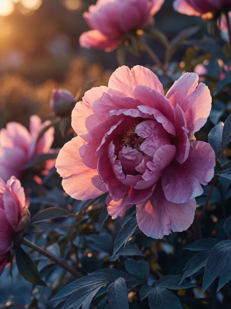 Backlit Pink Peony With Violet Shadows — AI-generated photograph