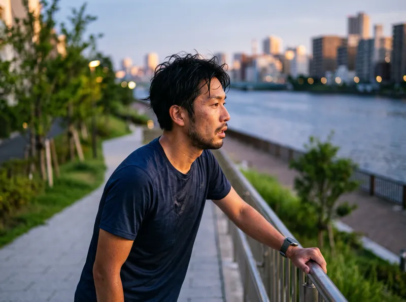 Runner Resting at a Riverside Rail at Dusk — AI-generated photograph