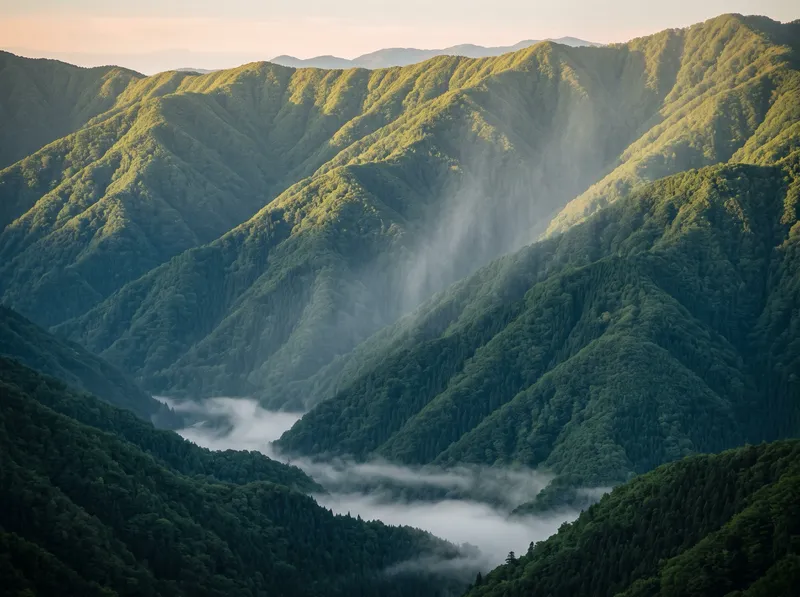 Rain Veiling a Green Mountain Slope at Dawn — AI-generated photograph
