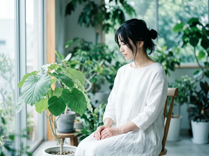 Woman in White Linen in a Bright Sunroom — AI-generated photograph