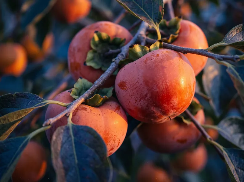 Backlit Persimmons on a Branch at Dusk — AI-generated photograph