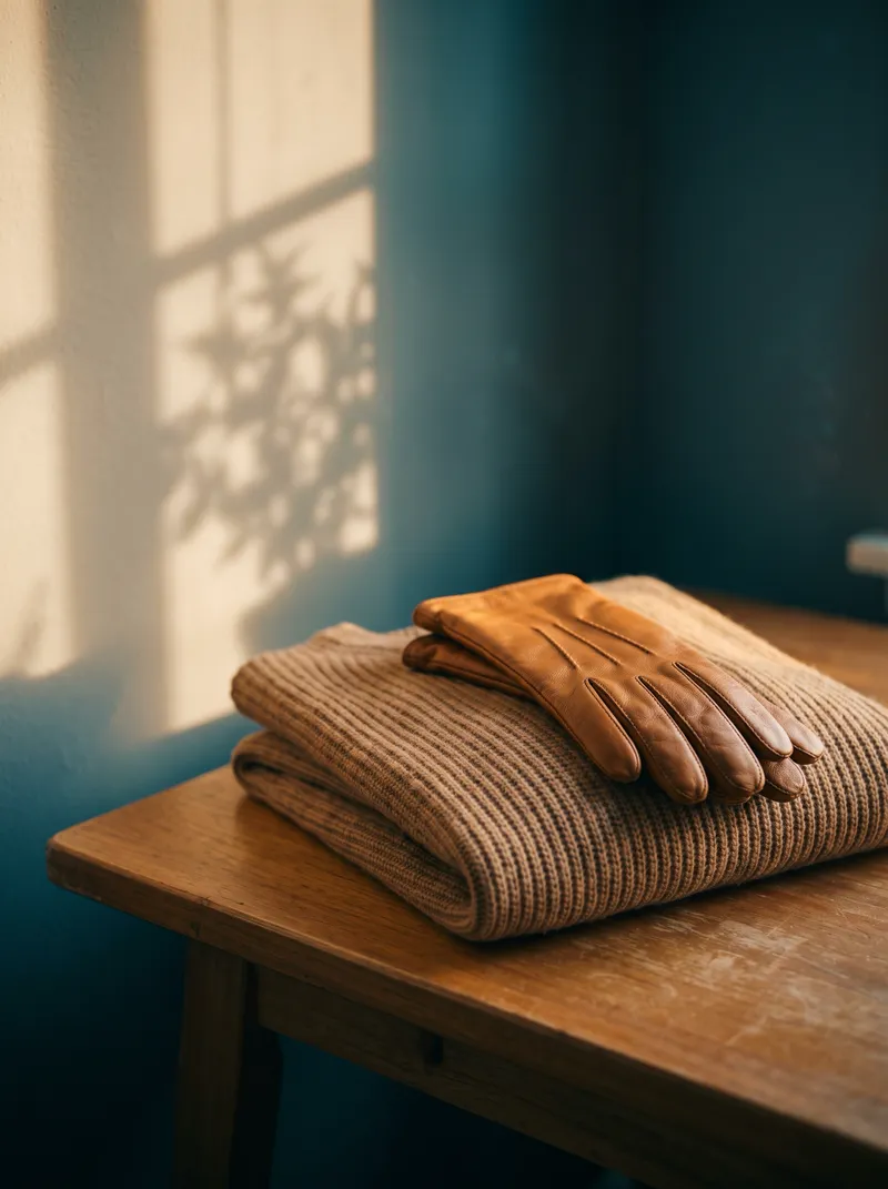 Folded Sweater and Gloves in Afternoon Light — AI-generated photograph