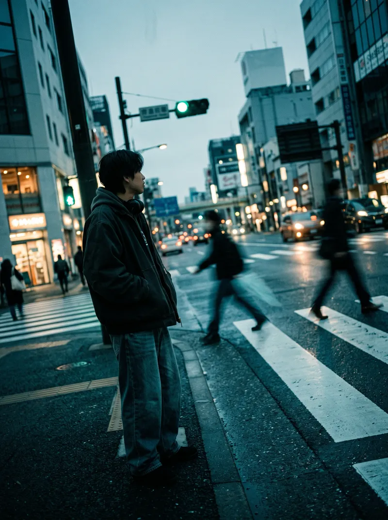 Streaking Passersby at a Dusk Crosswalk — AI-generated photograph