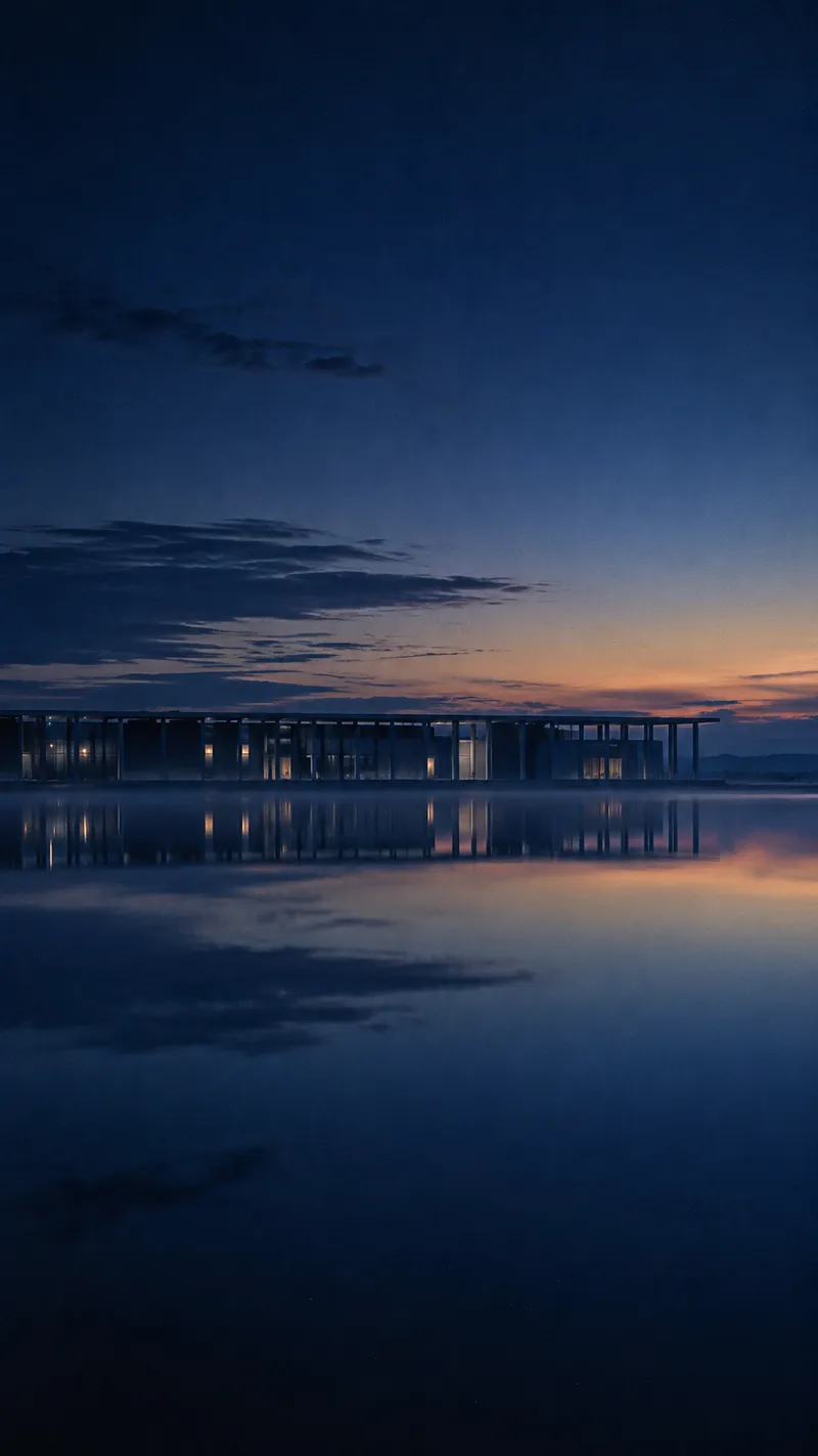 Distant Colonnade Reflected Beneath a Blue Sky — AI-generated photograph