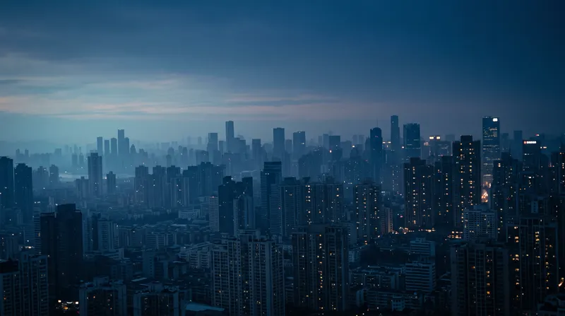 Layered City Skyline in Blue Hour Haze — AI-generated photograph