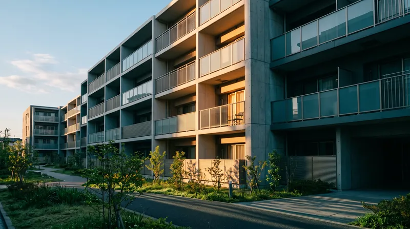 Morning Sun on Apartment Balconies in Amber and Teal — AI-generated photograph