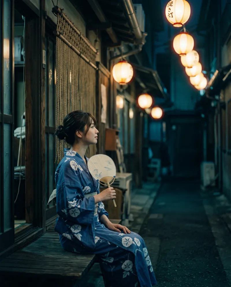 Woman in a Yukata Under Paper Lanterns — AI-generated photograph