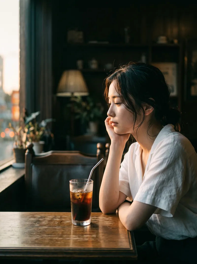 Young Woman by a Cafe Window at Dusk — AI-generated photograph