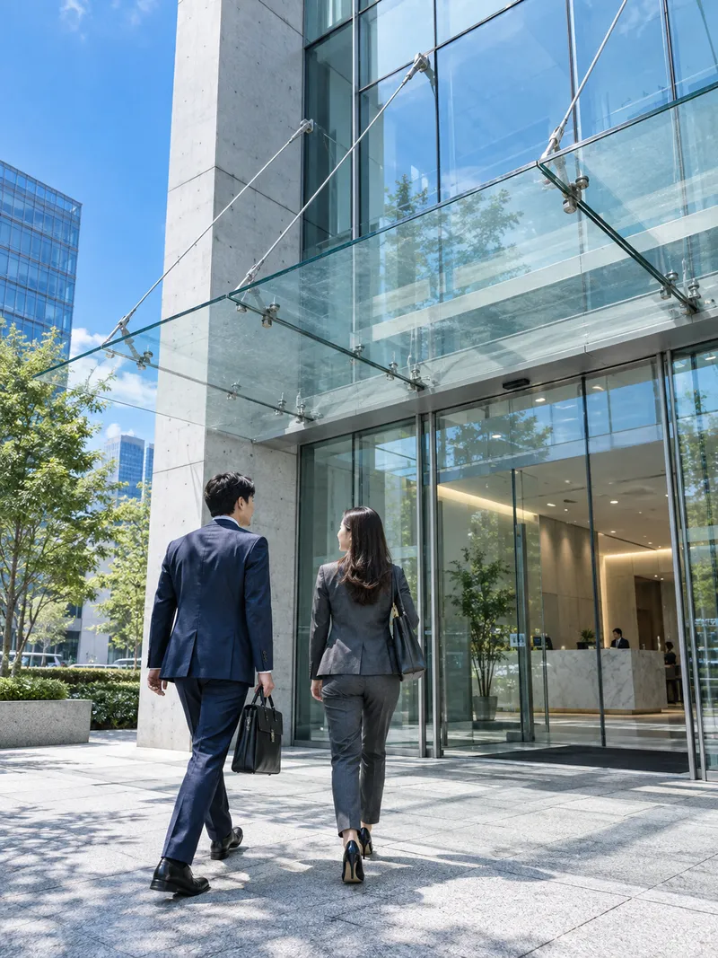 Employees Entering a Glass Office Lobby — AI-generated photograph