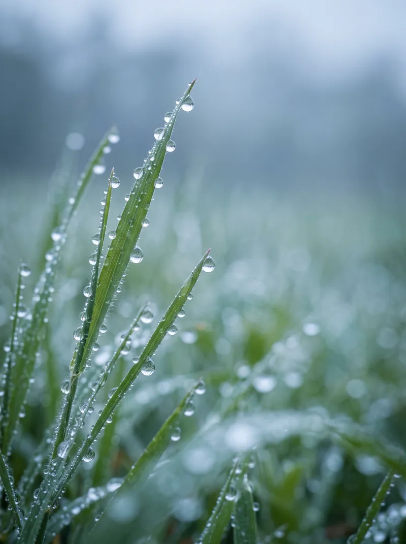 Raindrops on Fresh Grass Blades in Cool Morning Light — AI-generated photograph