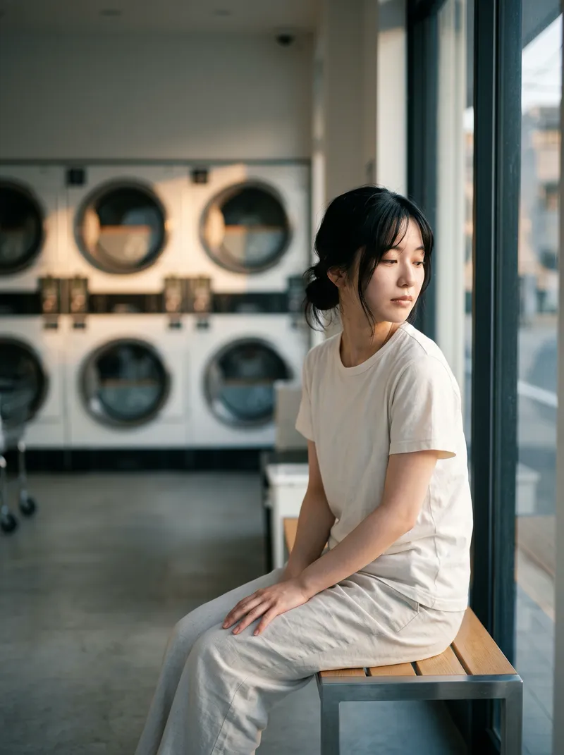 Young Woman Waiting in an Evening Laundromat — AI-generated photograph