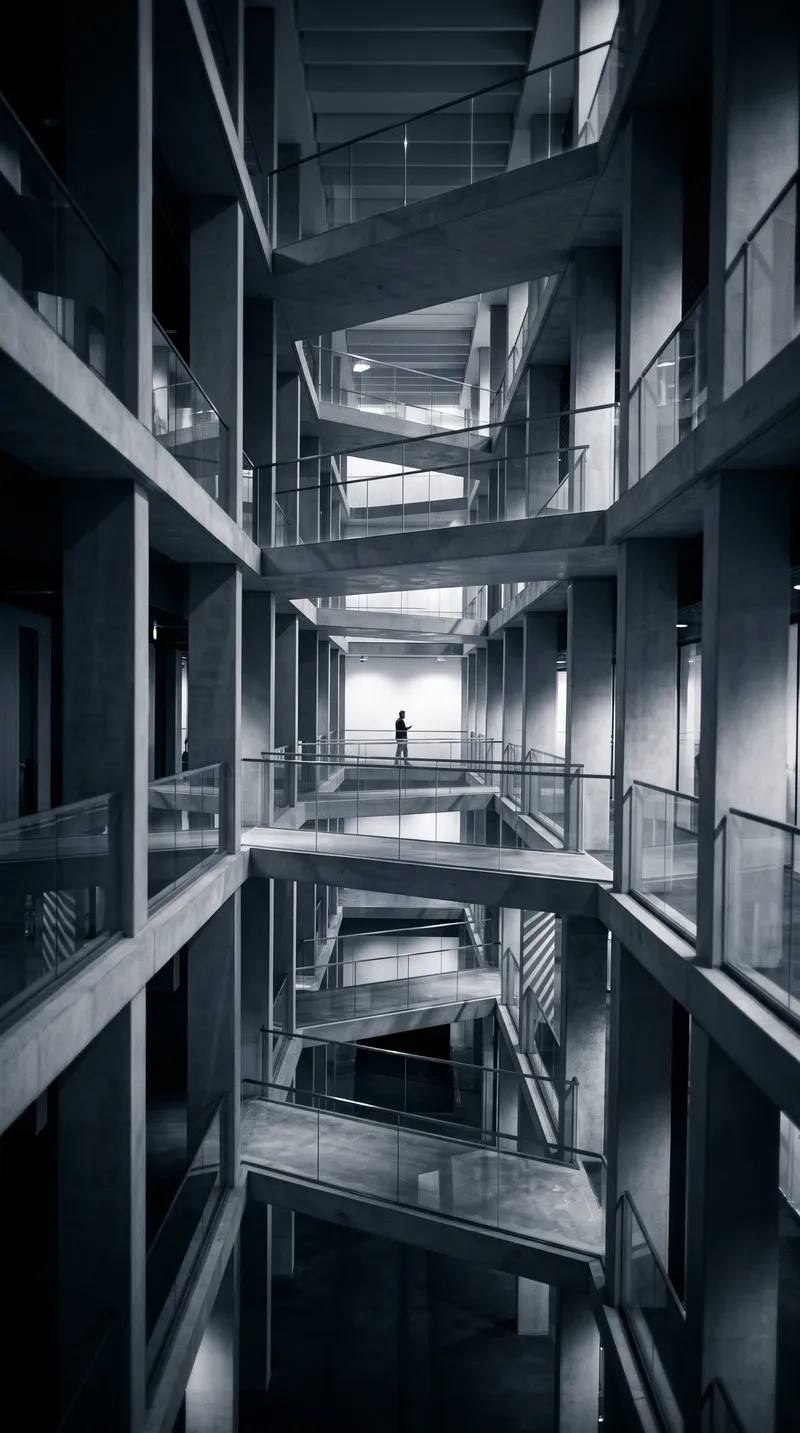 Layered Office Atrium in Selenium Monochrome — AI-generated photograph