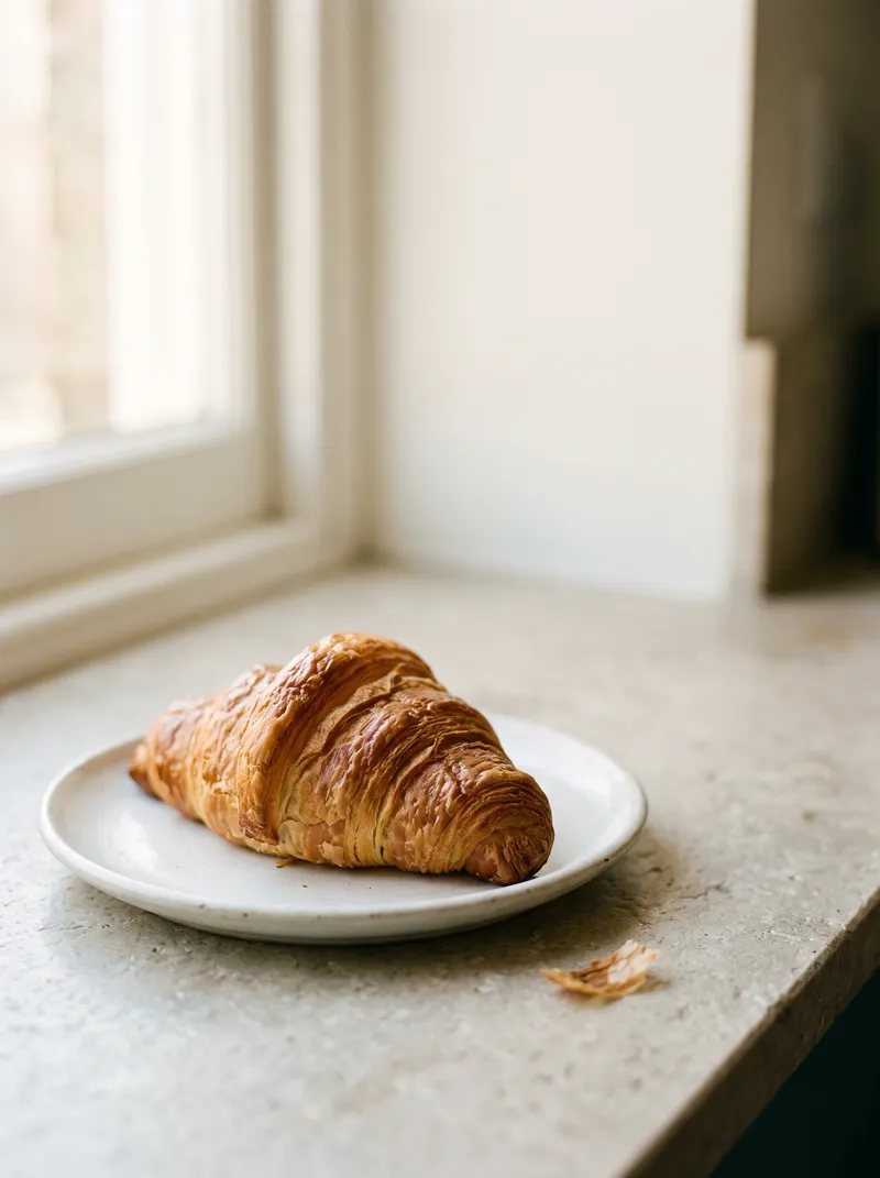 Fresh Croissant on a Stone Slab in Warm Morning Light — AI-generated photograph