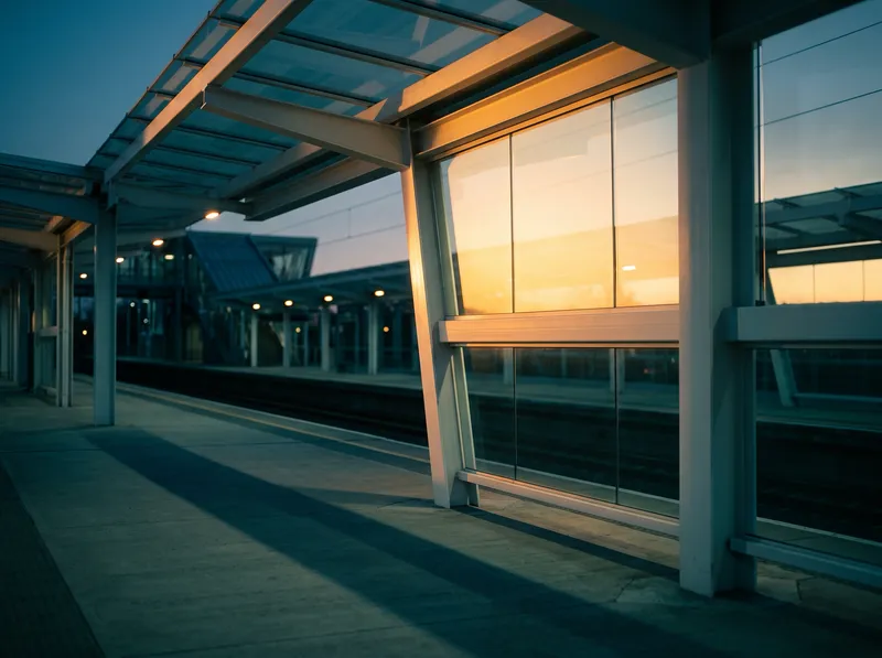 Dusk Station Glass Canopy in Amber and Teal — AI-generated photograph