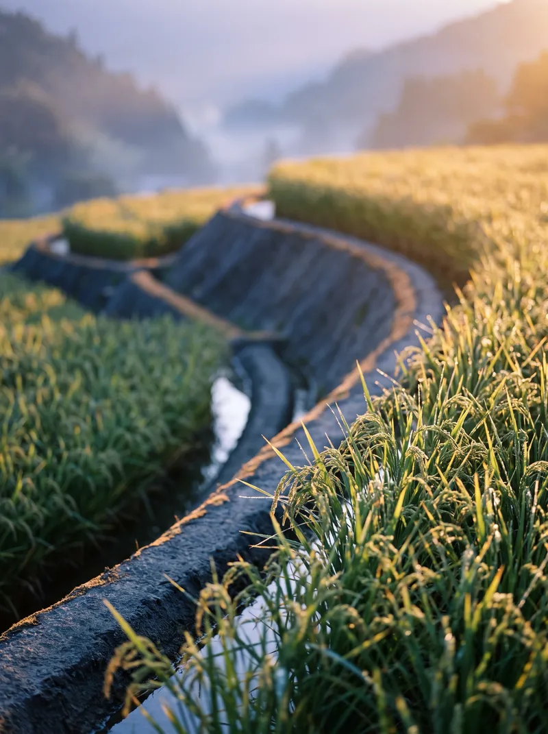 Sunlit Green Rice Terraces at Dawn — AI-generated photograph