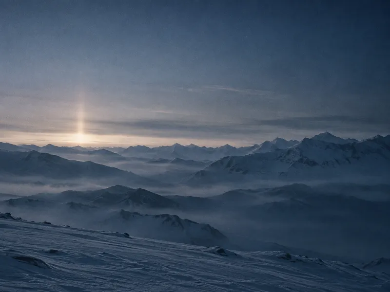 Snow Ridges Beneath a Pale Light Pillar — AI-generated photograph