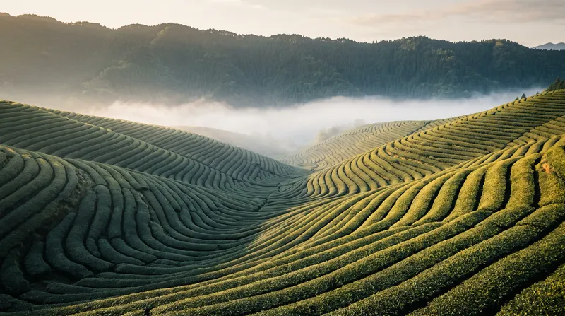 Sunlit Tea Terraces in Morning Mist — AI-generated photograph