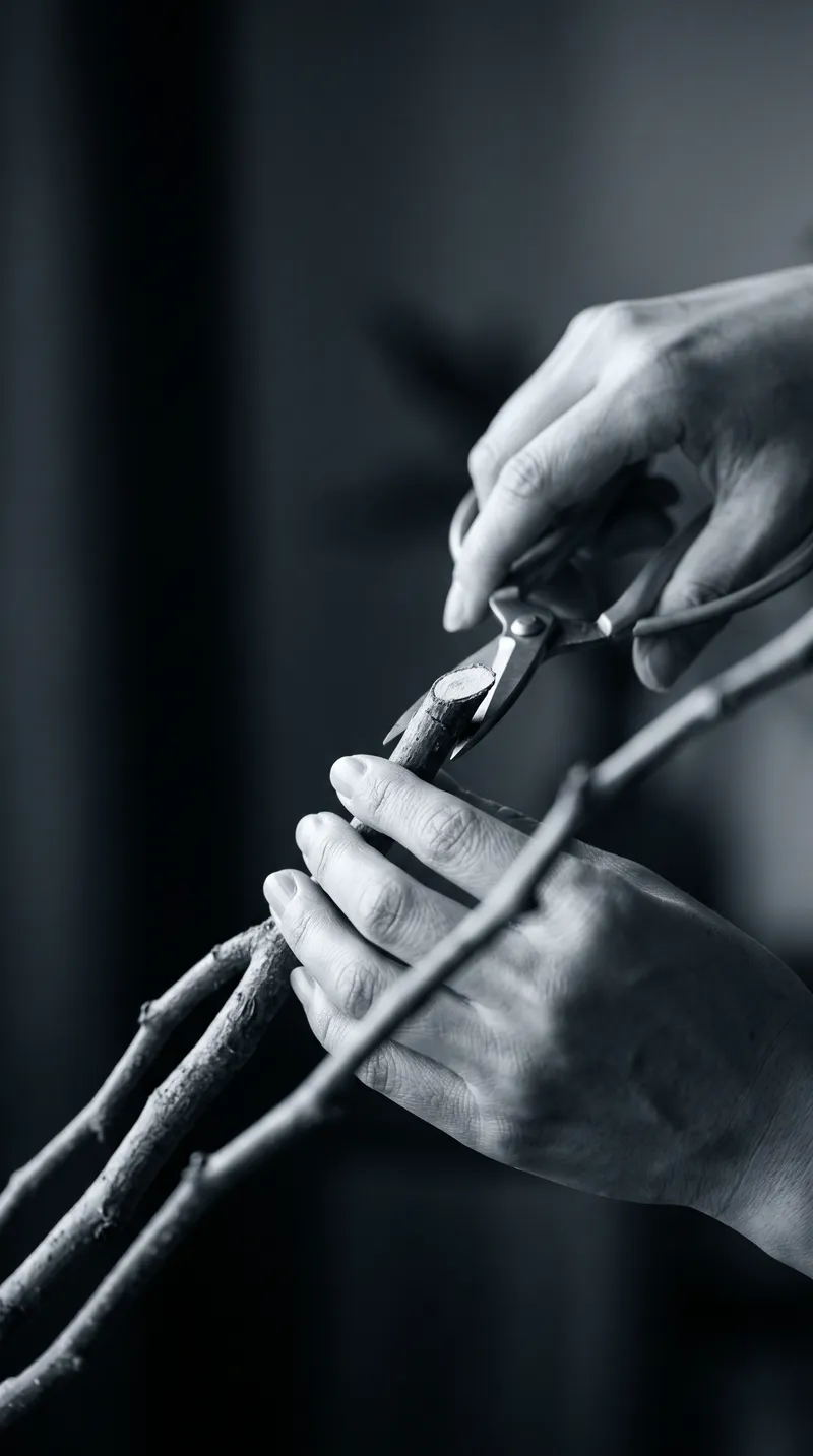 Hands Trimming a Flower Stem in Monochrome — AI-generated photograph