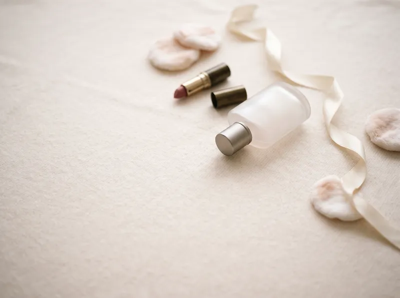 Overhead Perfume and Cosmetics on Pale Cloth — AI-generated photograph