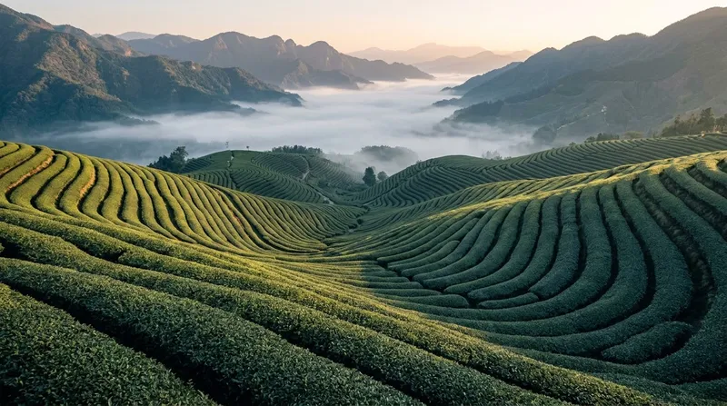 Terraced Tea Fields in Morning Mist — AI-generated photograph