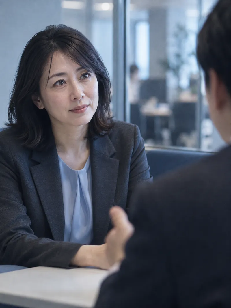 Woman Listening in a Meeting Booth — AI-generated photograph