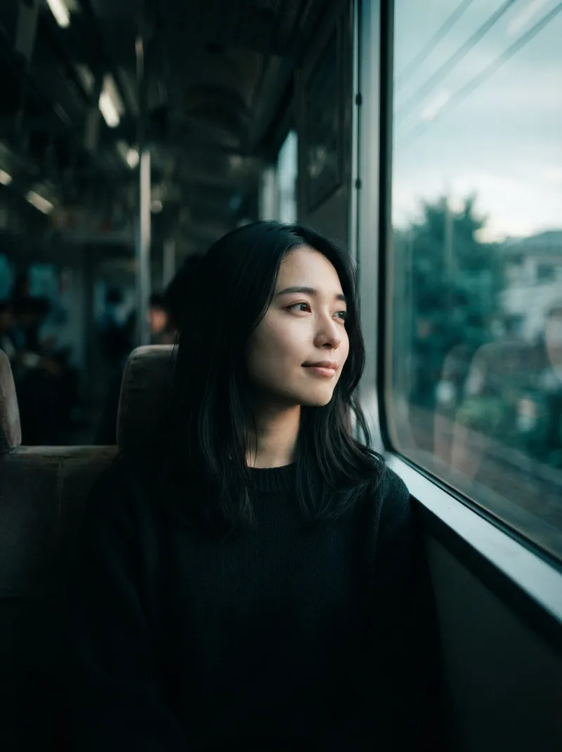 Woman Looking Out a Train Window in Evening — AI-generated photograph