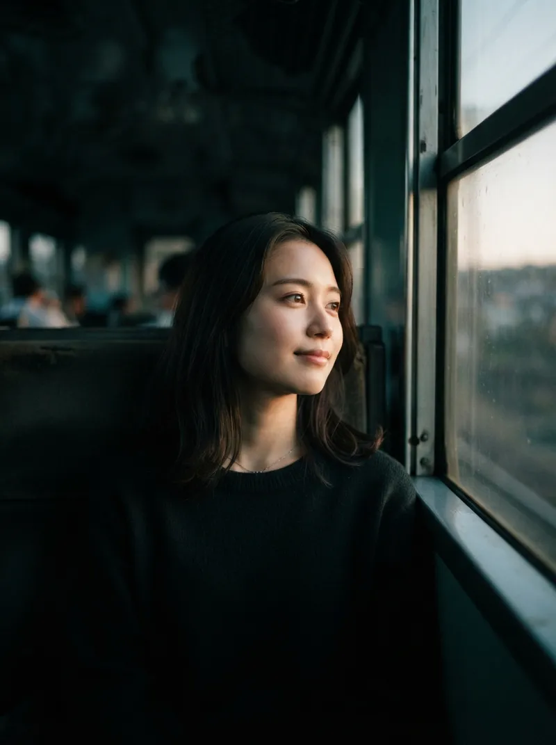 Woman Looking Out a Train Window in Evening — AI-generated photograph