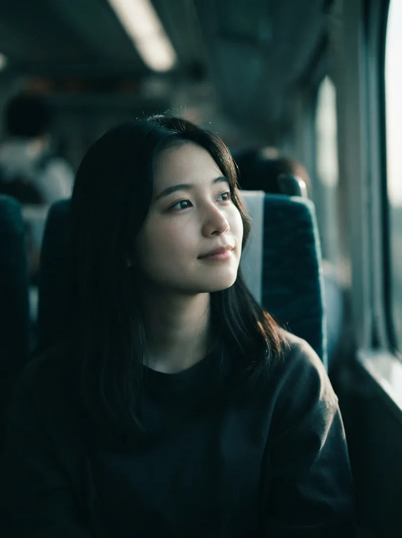 Woman Looking Out a Train Window in Evening — AI-generated photograph