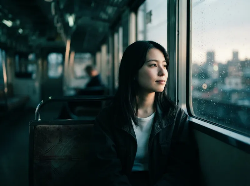 Woman Looking Out a Train Window in Evening — AI-generated photograph