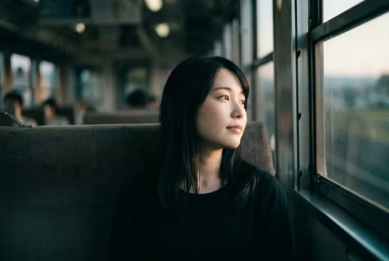 Woman Looking Out a Train Window in Evening — AI-generated photograph