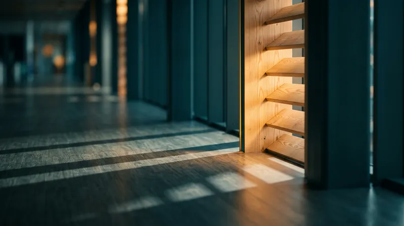 Amber Light Shaft Across a Timber Concourse — AI-generated photograph