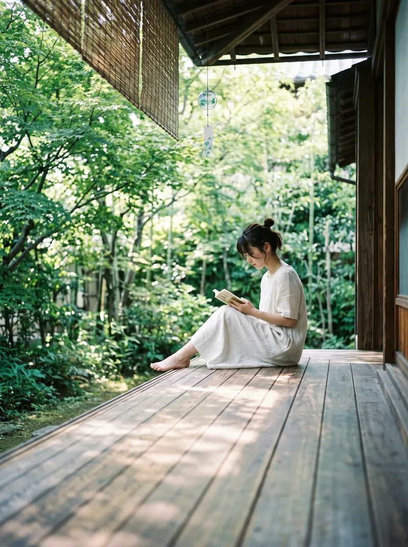Woman Reading on a Japanese Veranda — AI-generated photograph