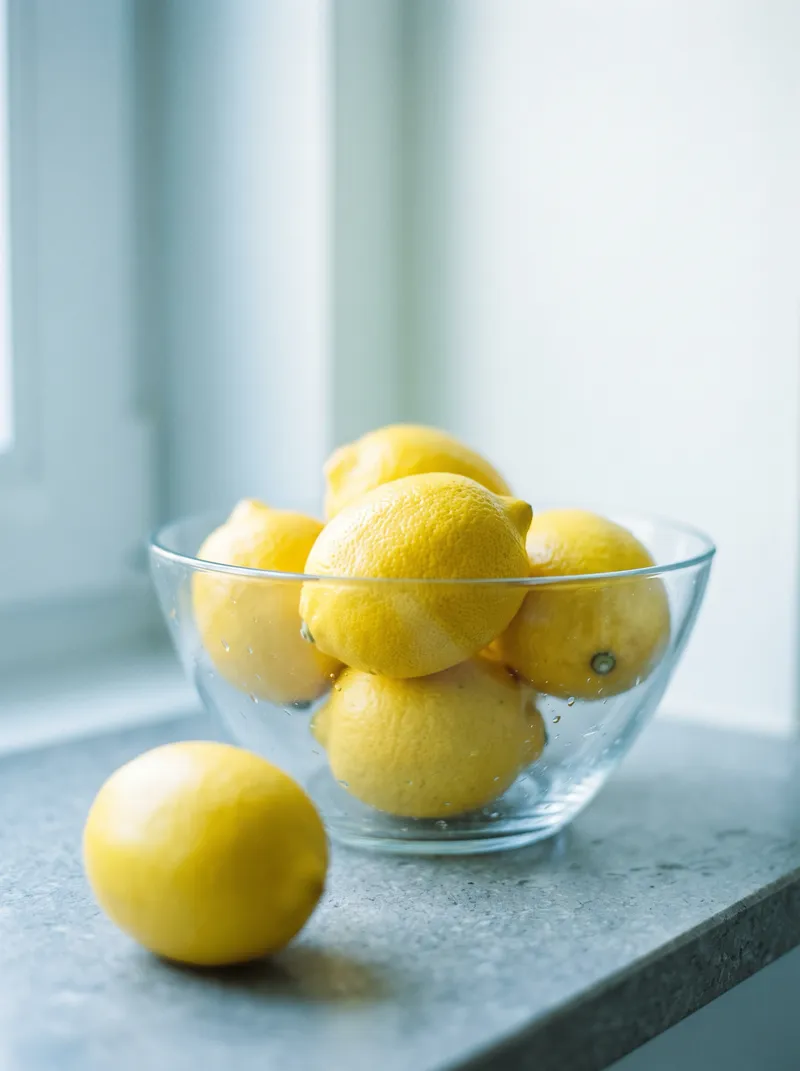 Lemons in a Glass Bowl in Cool Morning Light — AI-generated photograph