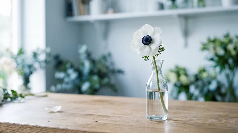 White Anemone on a Bright Wooden Workbench — AI-generated photograph