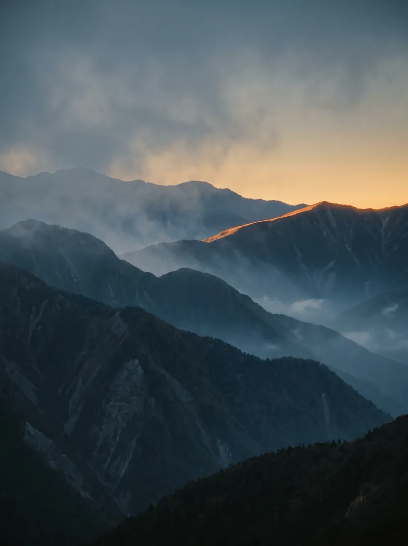 Amber Ridgeline Above Blue Mountain Haze — AI-generated photograph