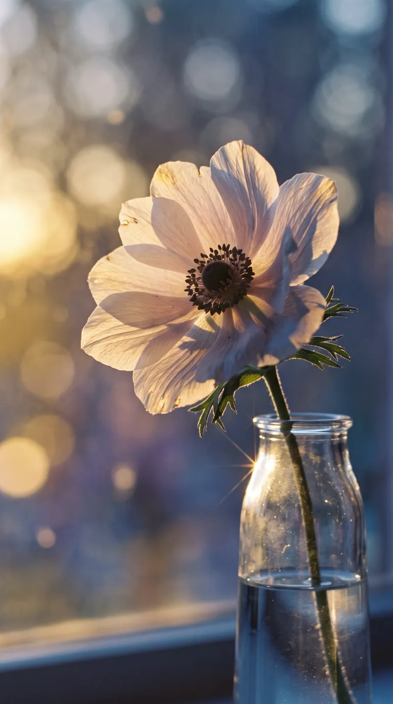 Backlit Poppy in a Glass Vase at Dusk — AI-generated photograph