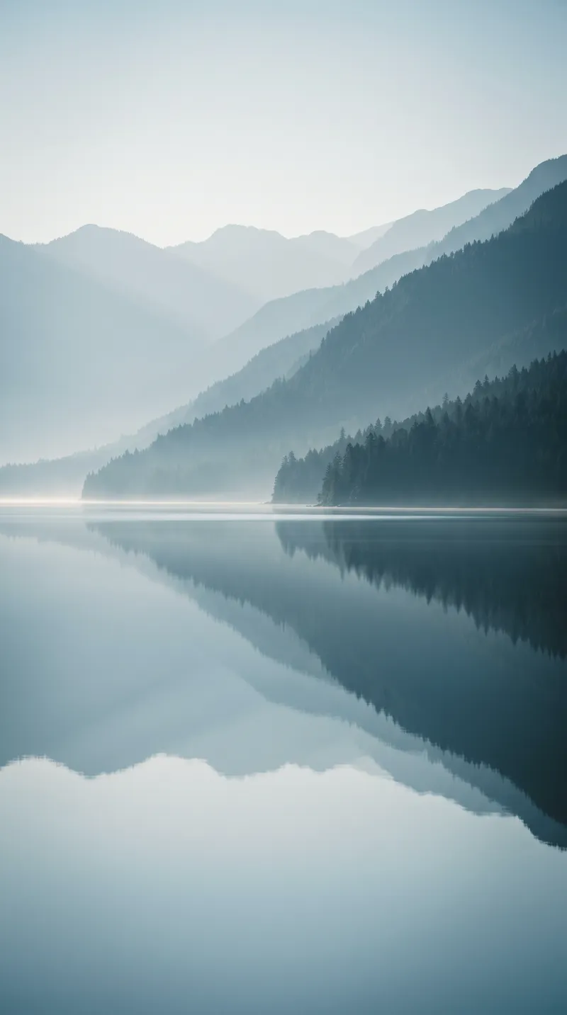 Vertical Conifer Ridge Layers Above a Mirror Lake — AI-generated photograph