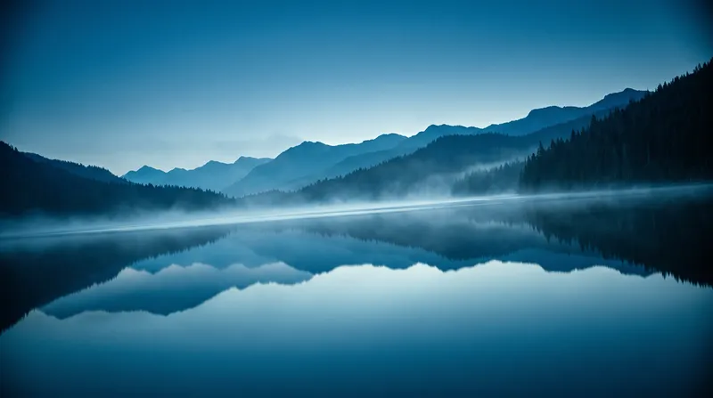 Misty Conifer Lake Ridges at Dawn — AI-generated photograph