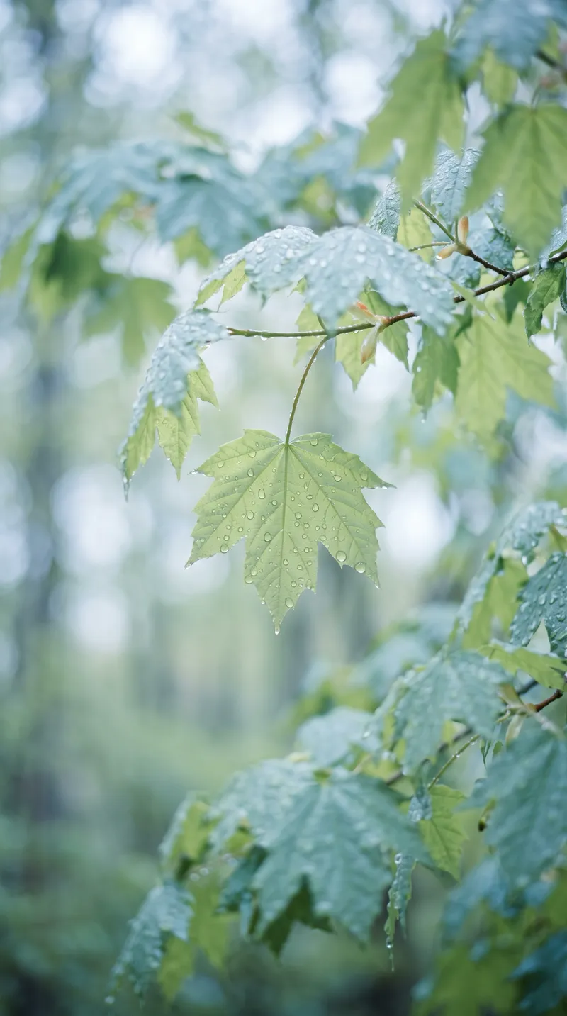 Backlit Wet Young Leaves in Cool Spring Light — AI-generated photograph