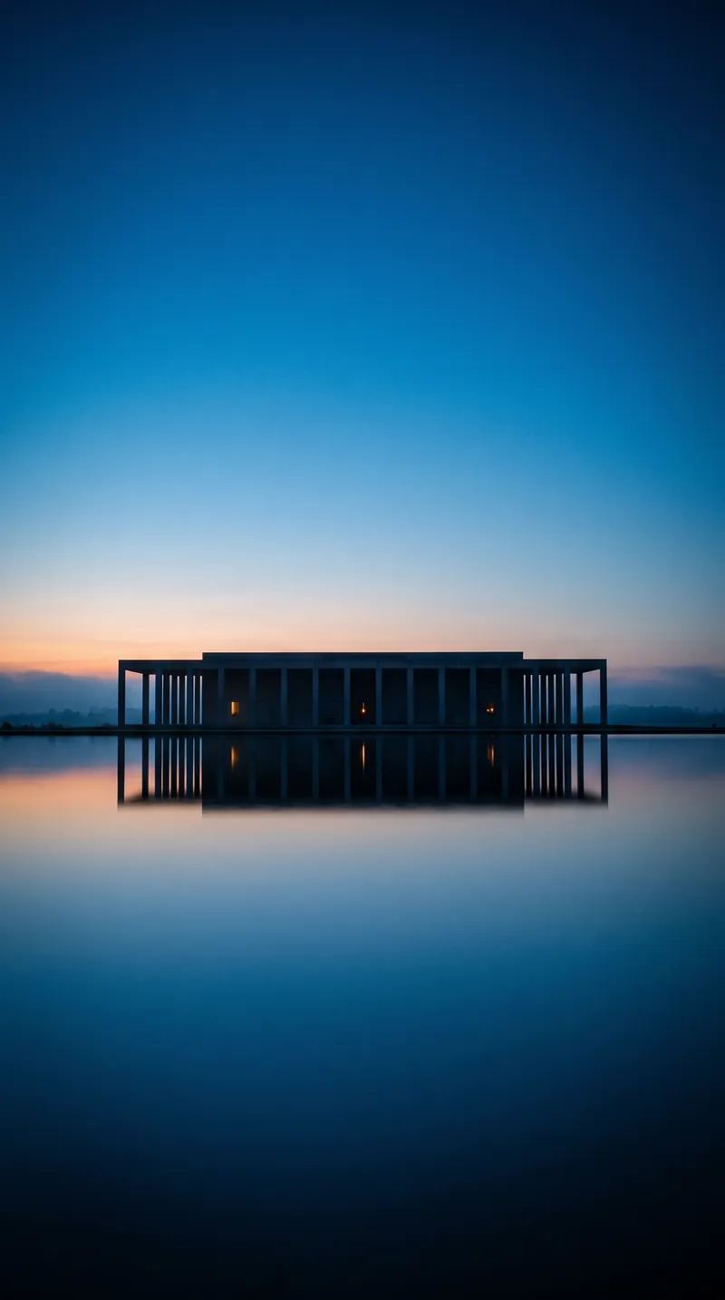 Concrete Chapel Colonnade Mirrored in Still Water — AI-generated photograph