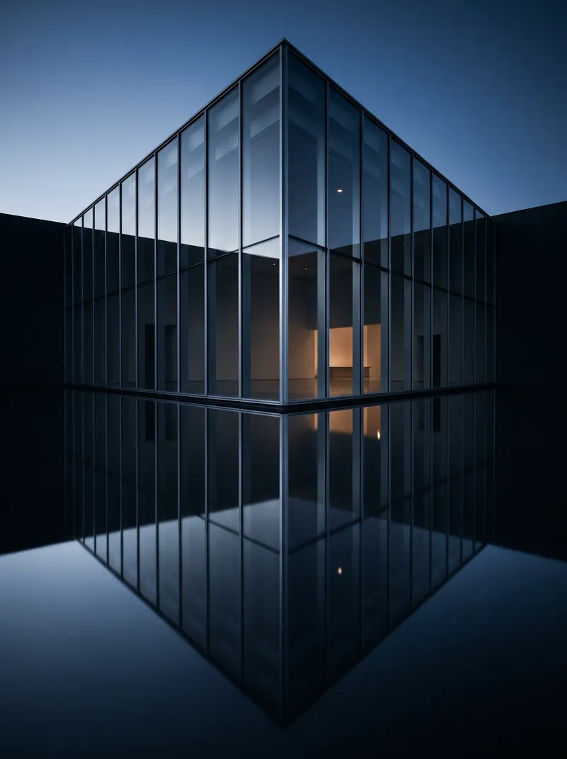 Glass Facade Reflected in a Water Basin — AI-generated photograph