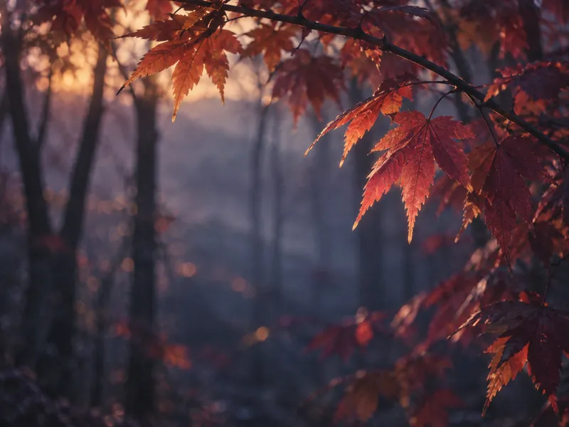 Crimson Maple Branch Framing Blue Forest Mist — AI-generated photograph