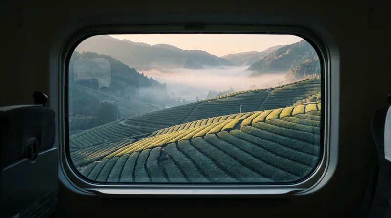 Misty Terraced Hills Through a Train Window — AI-generated photograph