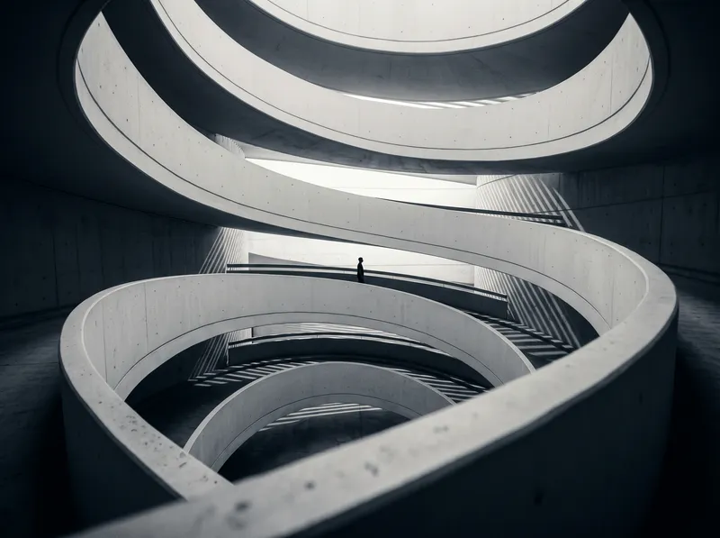 Curved Concrete Ramps in Selenium Monochrome — AI-generated photograph
