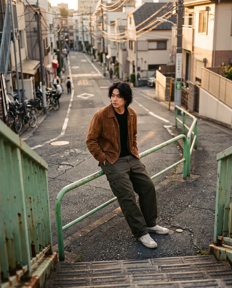 Man Leaning on a Green Guardrail — AI-generated photograph