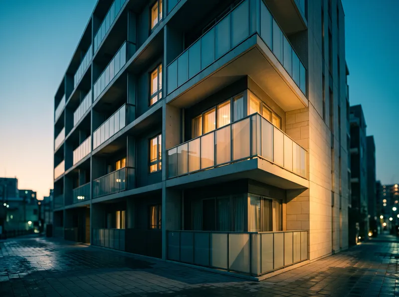 Apartment Glass Balconies Glowing at Dusk — AI-generated photograph